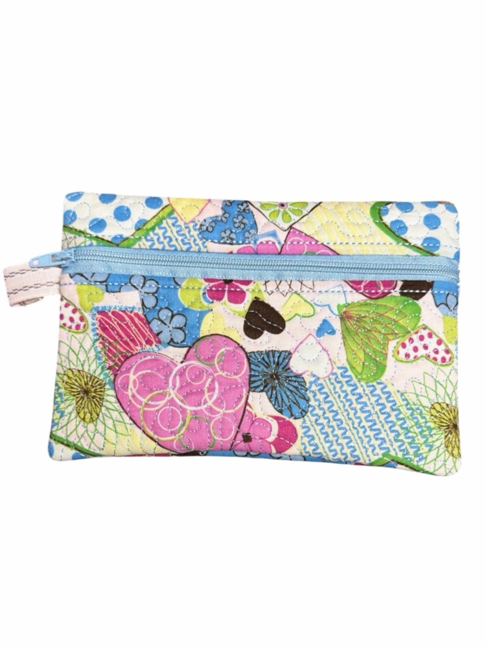 Hand Crafted Zipper Pouch Hearts Blue Pink and Green Zipper Wallet - Picture 4 of 11